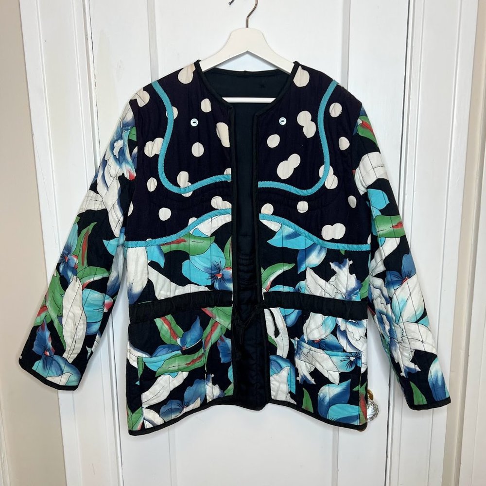 Quilted Floral Open Cotton Jacket - L - Polka Dots, Buttons, Drawstring Waist